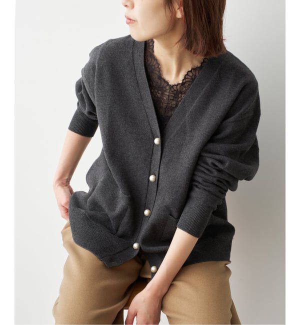 Spick and Span「《予約》ダブルニットパールボタンカーディガン」|カーディガン|グレー