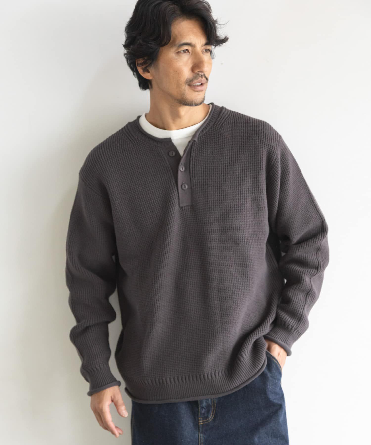 Sonny Label 「ワッフルヘンリーネックニットプルオーバー」|ニット・セーター|チャコールグレー