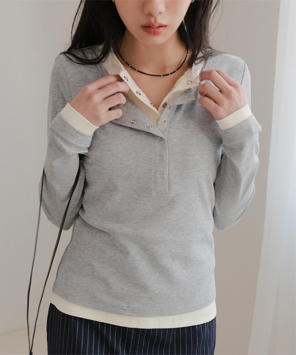 miette「レイヤード風ヘンリーネックトップス」|Tシャツ・カットソー|ライトグレー