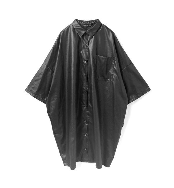 mizuiro ind「mizuiro ind グロッシーワイドハーフスリーブシャツワンピース」|ワンピース|ブラック