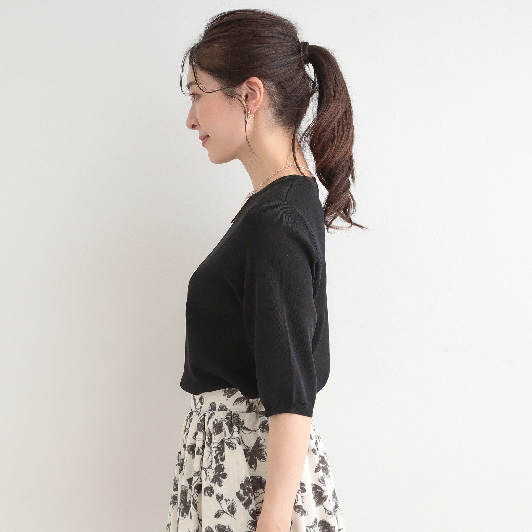 SHOO･LA･RUE「【毎日洗える/S-LL/UV】上半身すっきり 二の腕見せない5分袖ニット」|ニット・セーター|