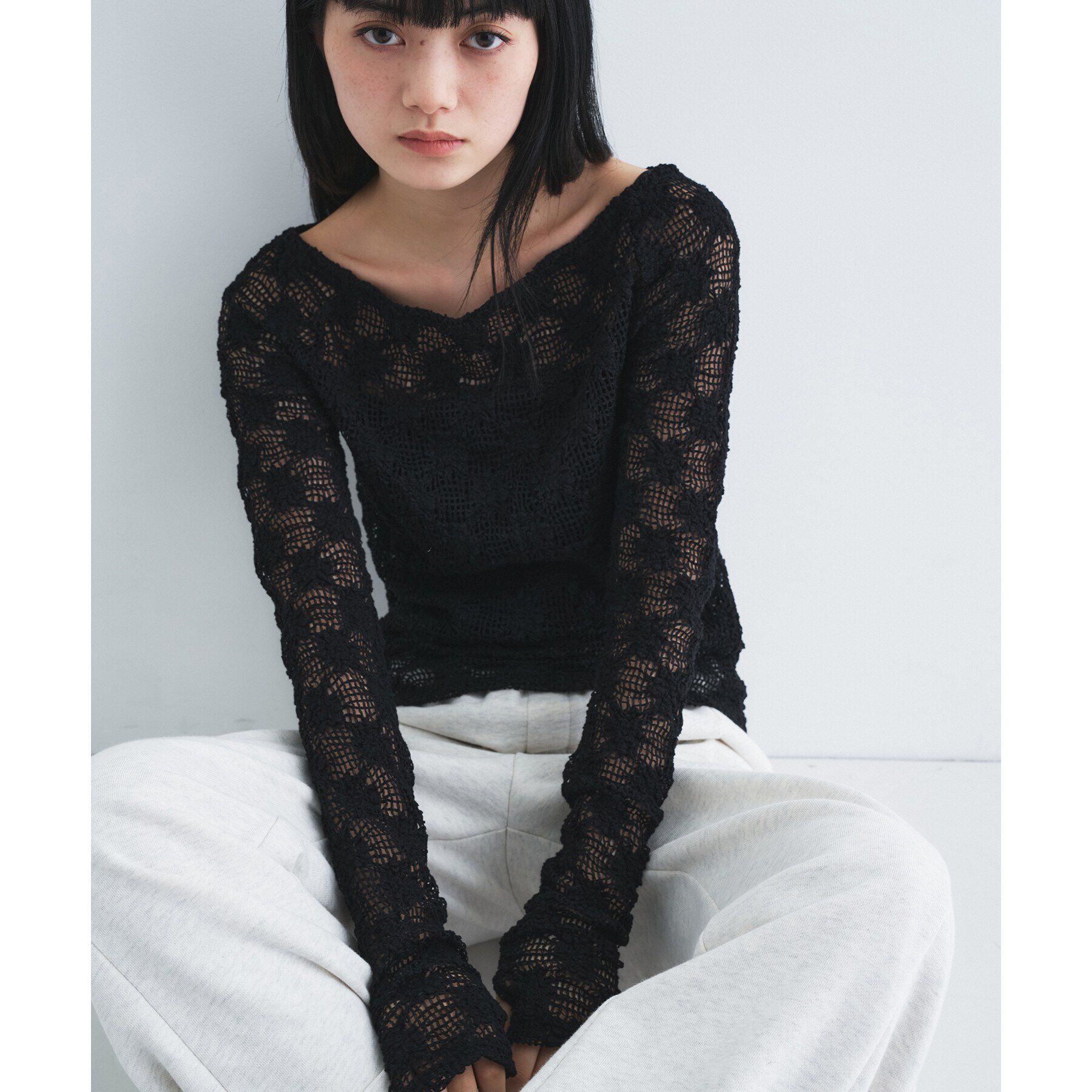 CODE A「【Re】floral lace tops」|Tシャツ・カットソー|ブラック(019)