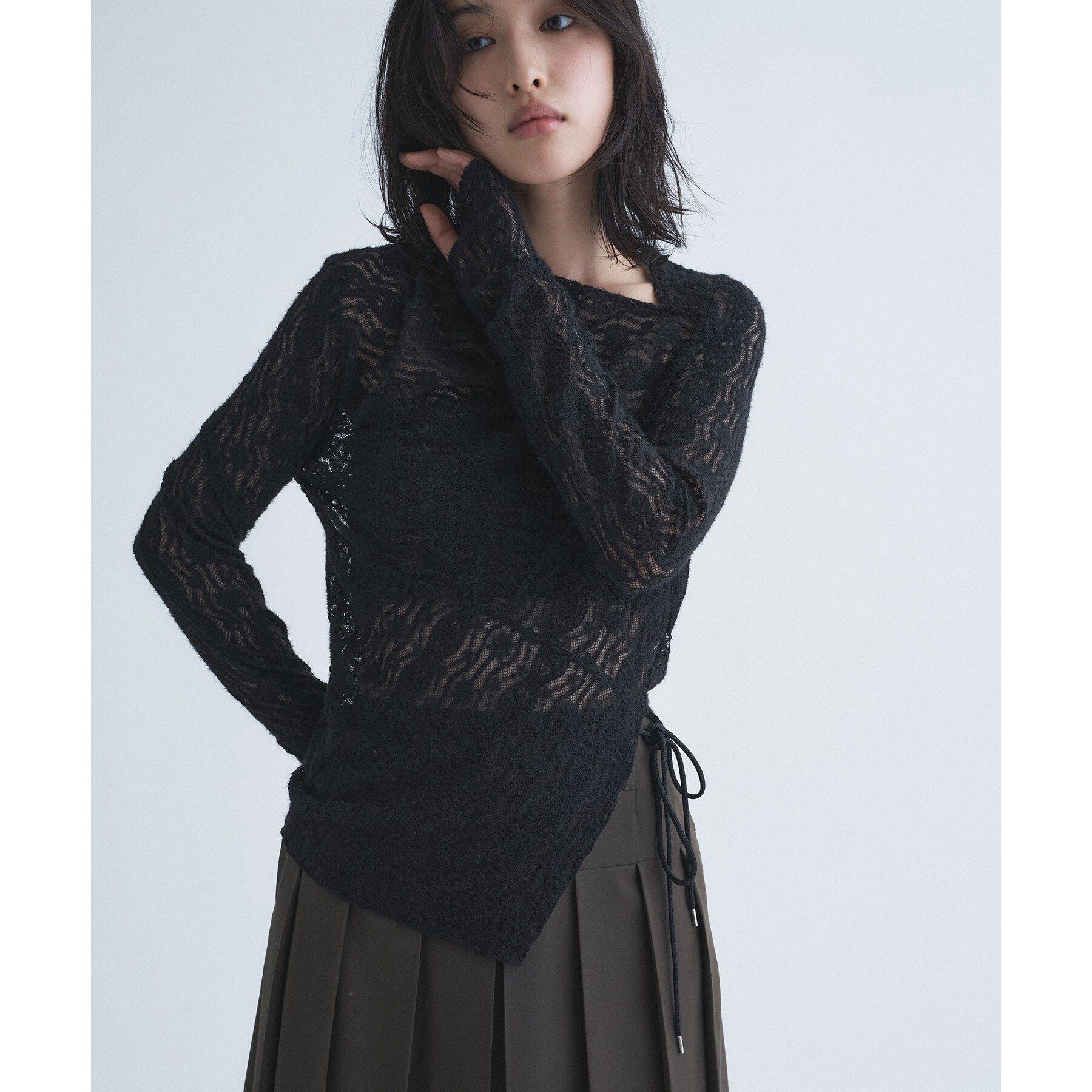 CODE A「veil lace asymmetry top」|Tシャツ・カットソー|ブラック(019)