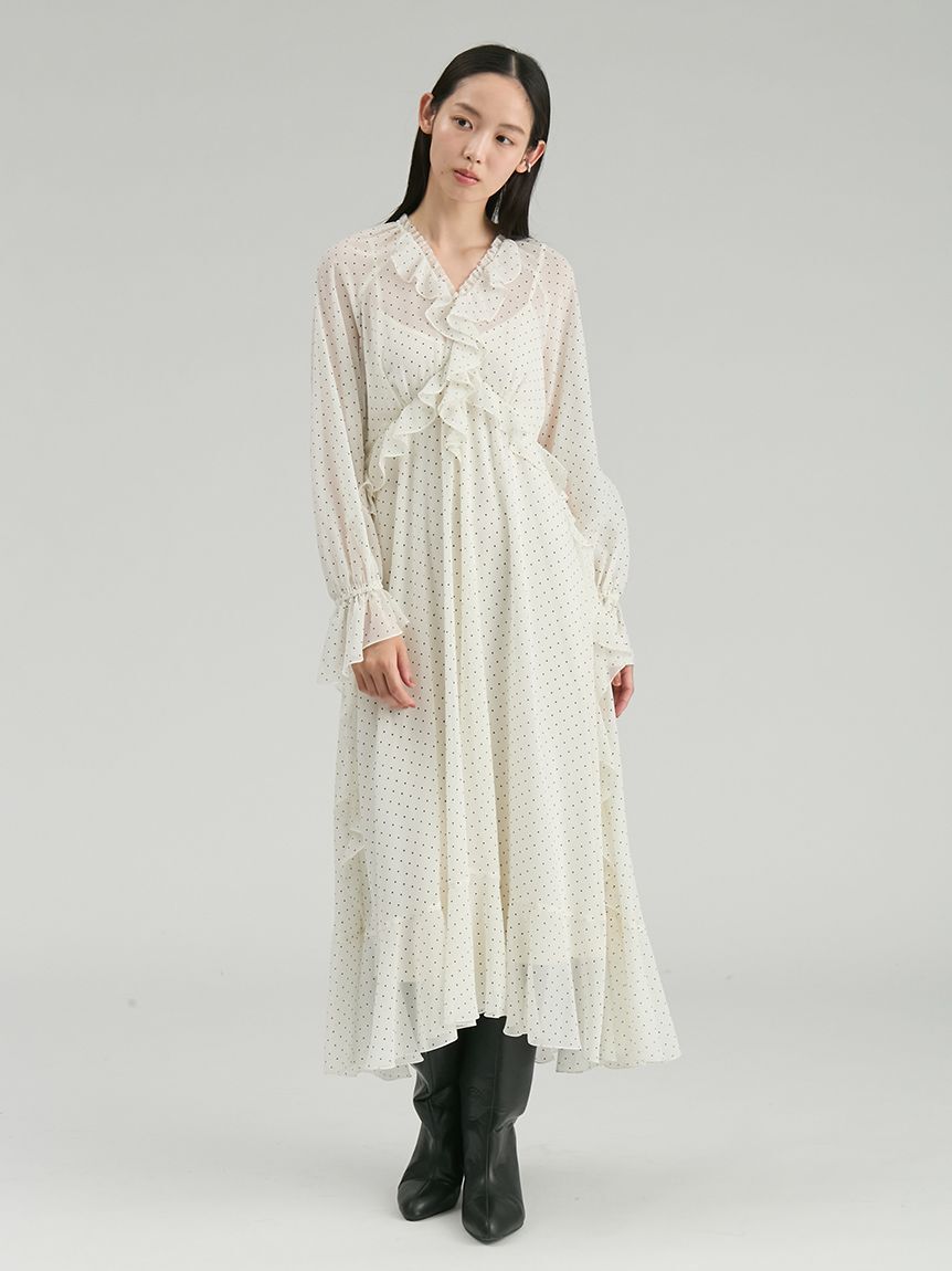 Mila Owen「【ウォッシャブル】シフォンフリルロングワンピース」|ワンピース|WHT