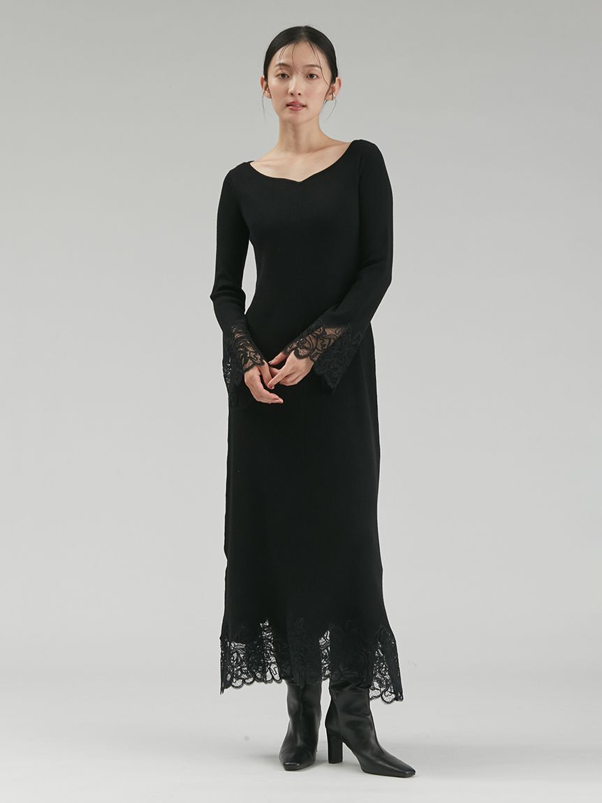 Mila Owen「レースドッキングニットワンピース」|ワンピース|BLK
