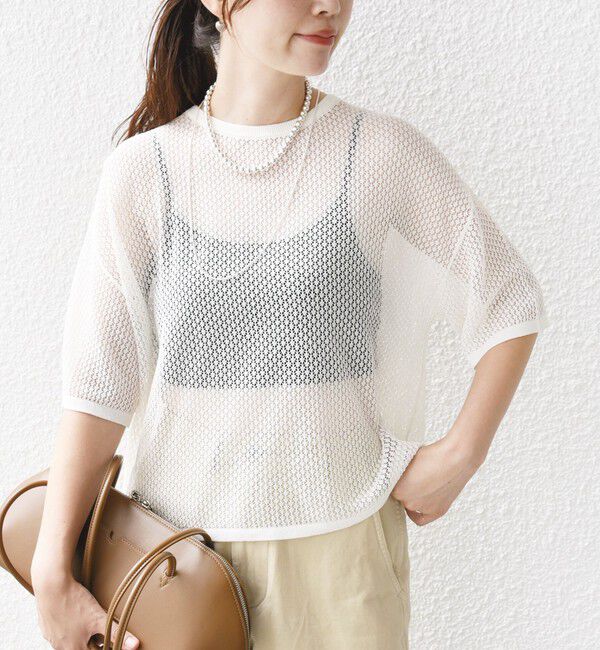SHIPS for women「〈手洗い可能〉メッシュ編 半袖 ニット プルオーバー」|ニット・セーター|オフホワイト