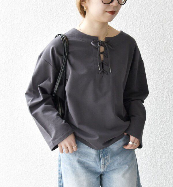 SHIPS any「〈洗濯機可能〉インレイ レースアップ ロングスリーブ プルオーバー」|Tシャツ・カットソー|