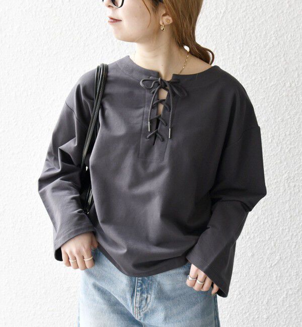 SHIPS any「〈洗濯機可能〉インレイ レースアップ ロングスリーブ プルオーバー」|Tシャツ・カットソー|