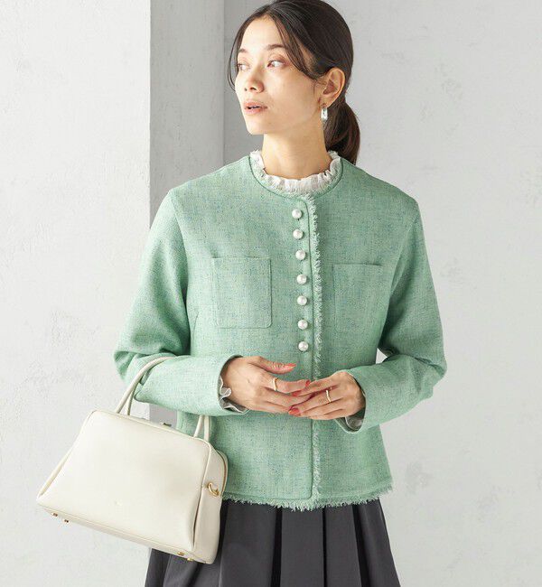 SHIPS for women「〈手洗い可能〉ストレッチ ツイード パール ボタン ジャケット」|ノーカラージャケット|