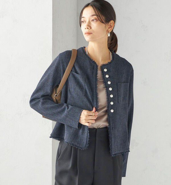 SHIPS for women「〈手洗い可能〉ストレッチ ツイード パール ボタン ジャケット」|ノーカラージャケット|