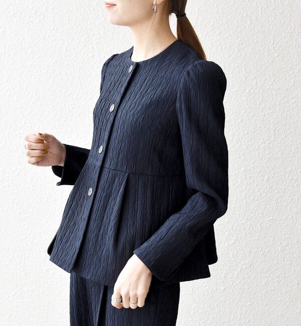 SHIPS any「SHIPS any:〈手洗い可能〉ジャカード ノーカラー ペプラム ジャケット［NAVY BLUE］」|ノーカラージャケット|