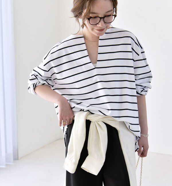 quaranciel「quaranciel:〈洗濯機可能〉ボーダー ビッグ スキッパー プルオーバー」|Tシャツ・カットソー|