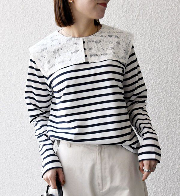 SHIPS any「SHIPS any:〈洗濯機可能〉マリンボーダー レース 襟 プルオーバー」|Tシャツ・カットソー|