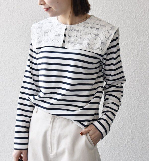 SHIPS any「SHIPS any:〈洗濯機可能〉マリンボーダー レース 襟 プルオーバー」|Tシャツ・カットソー|