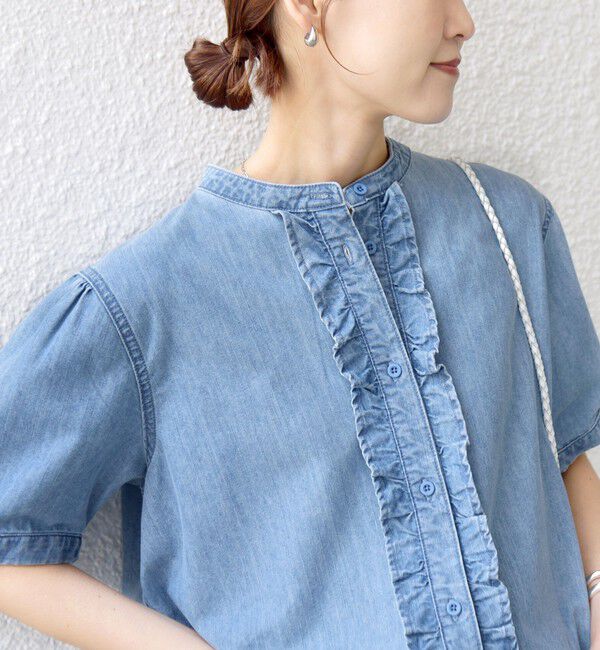 SHIPS for women「【WEB限定】〈手洗い可能〉ライト オンス フリル デニム 半袖 シャツ」|シャツ・ブラウス|ライトブルー