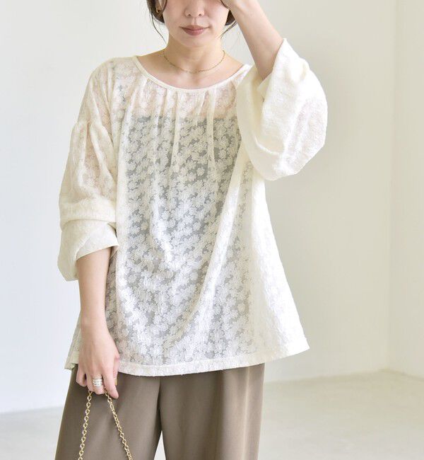 quaranciel「quaranciel:〈洗濯機可能〉シアー フラワー ジャカード ボリューム プルオーバー」|Tシャツ・カットソー|