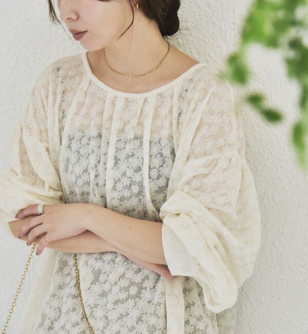 quaranciel「quaranciel:〈洗濯機可能〉シアー フラワー ジャカード ボリューム プルオーバー」|Tシャツ・カットソー|