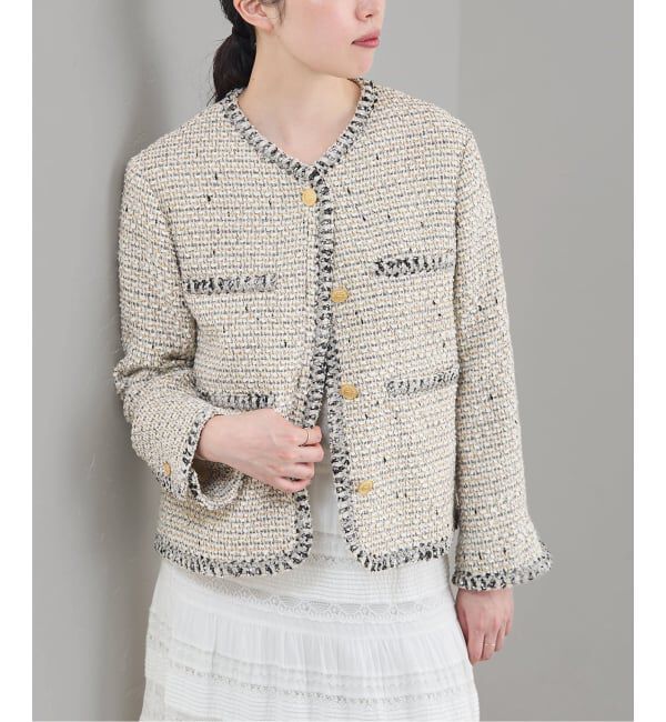 IENA「《IENA 35TH》THE TWEED JACKET with LINTON」|ノーカラージャケット|ホワイト