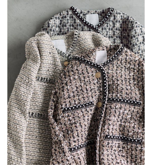 IENA「《IENA 35TH》THE TWEED JACKET with LINTON」|ノーカラージャケット|ベージュ