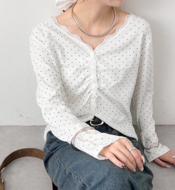  「ギャザーレースリブカーディガン」|Tシャツ・カットソー|