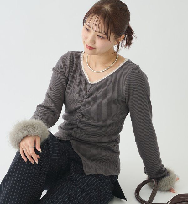  「【＠__misa__03 &times; ＠__3yuuファーカフスフロントギャザーTOPS」|Tシャツ・カットソー|