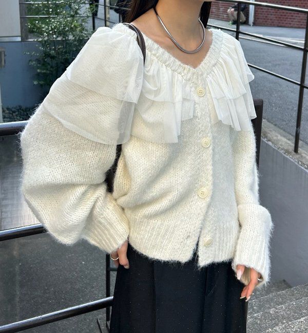  「チュールフリルVニットカーディガン」|カーディガン|