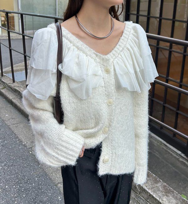  「チュールフリルVニットカーディガン」|カーディガン|
