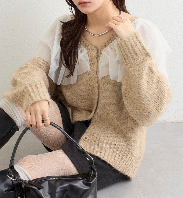  「チュールフリルVニットカーディガン」|カーディガン|