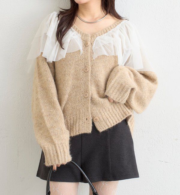  「チュールフリルVニットカーディガン」|カーディガン|