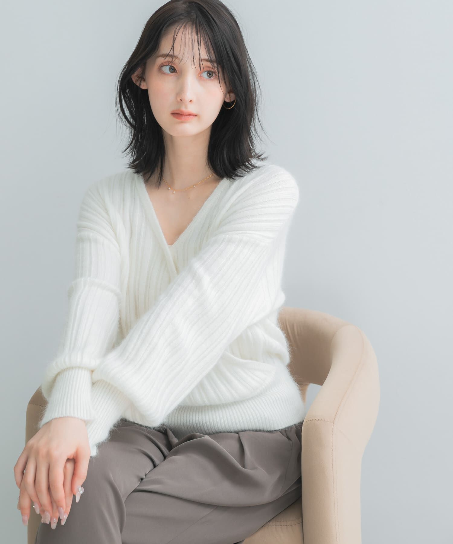URBAN RESEARCH ROSSO「『一部WEB限定カラー』ランダムリブカシュクールニット」|ニット・セーター|オフホワイト