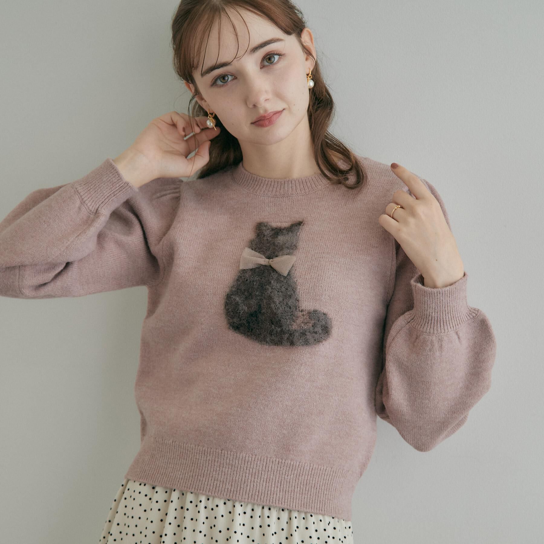 Couture broach「【ふわふわ猫ちゃんが可愛い】ジャカードニット」|ニット・セーター|ピンク(072)