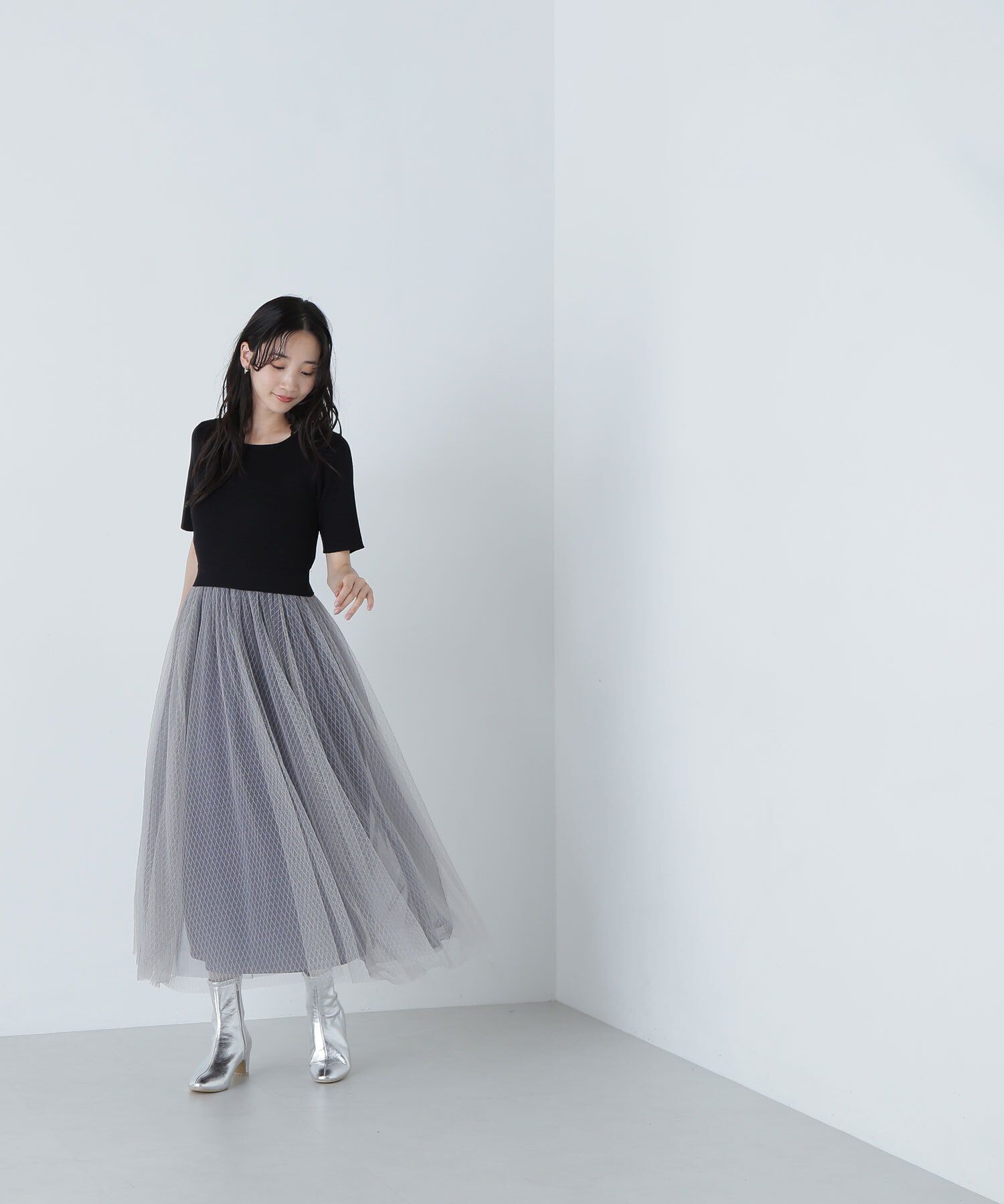  「ダブルチュールドッキングニットワンピース」|ワンピース|