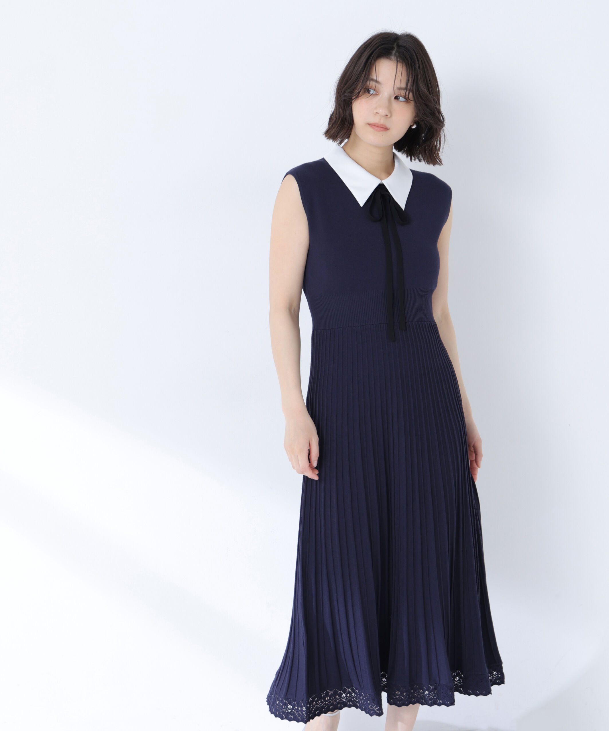  「シャツカラーナローリボンニットワンピース」|ワンピース|ネイビー