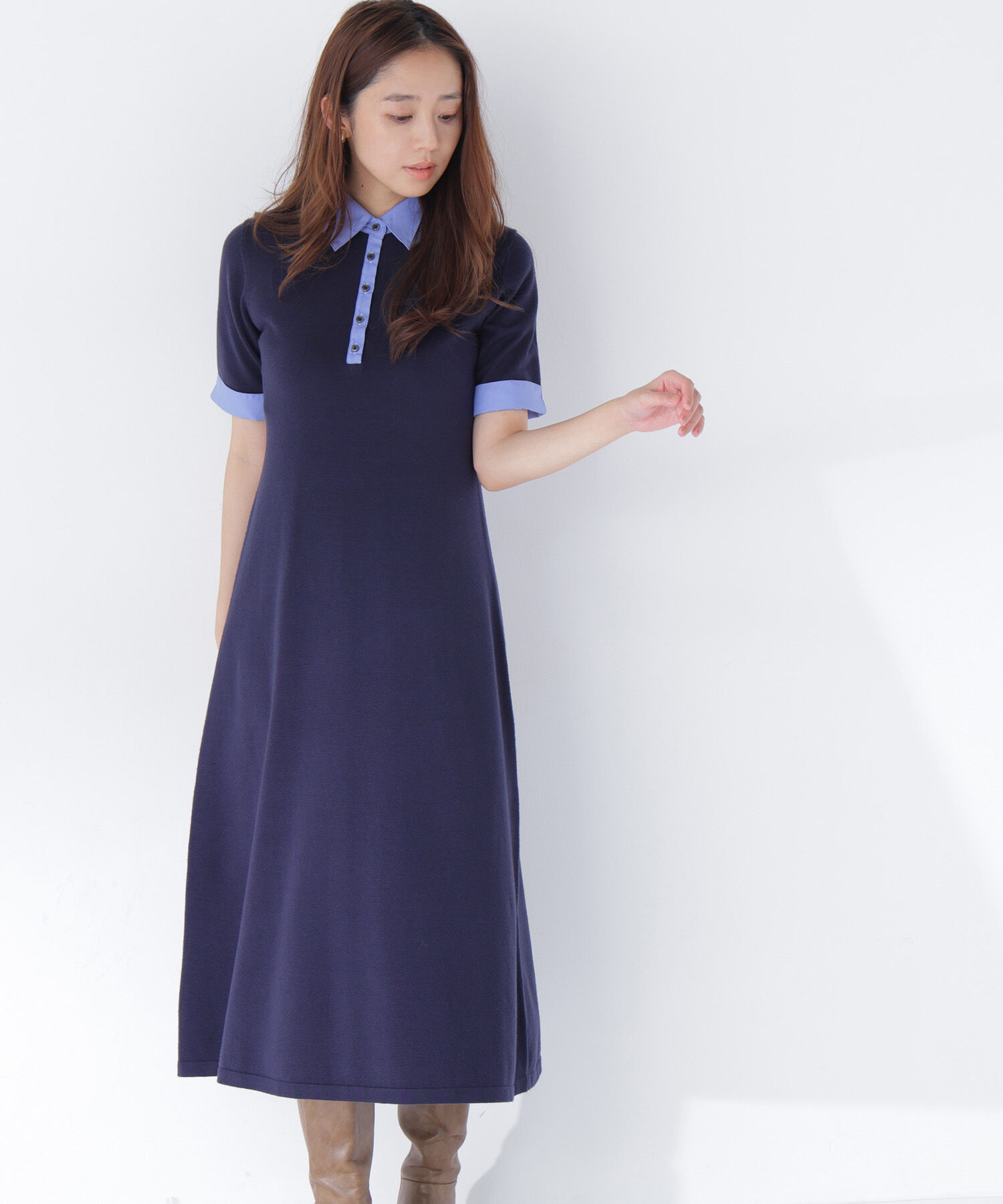  「襟付ニットワンピース」|ワンピース|ネイビー