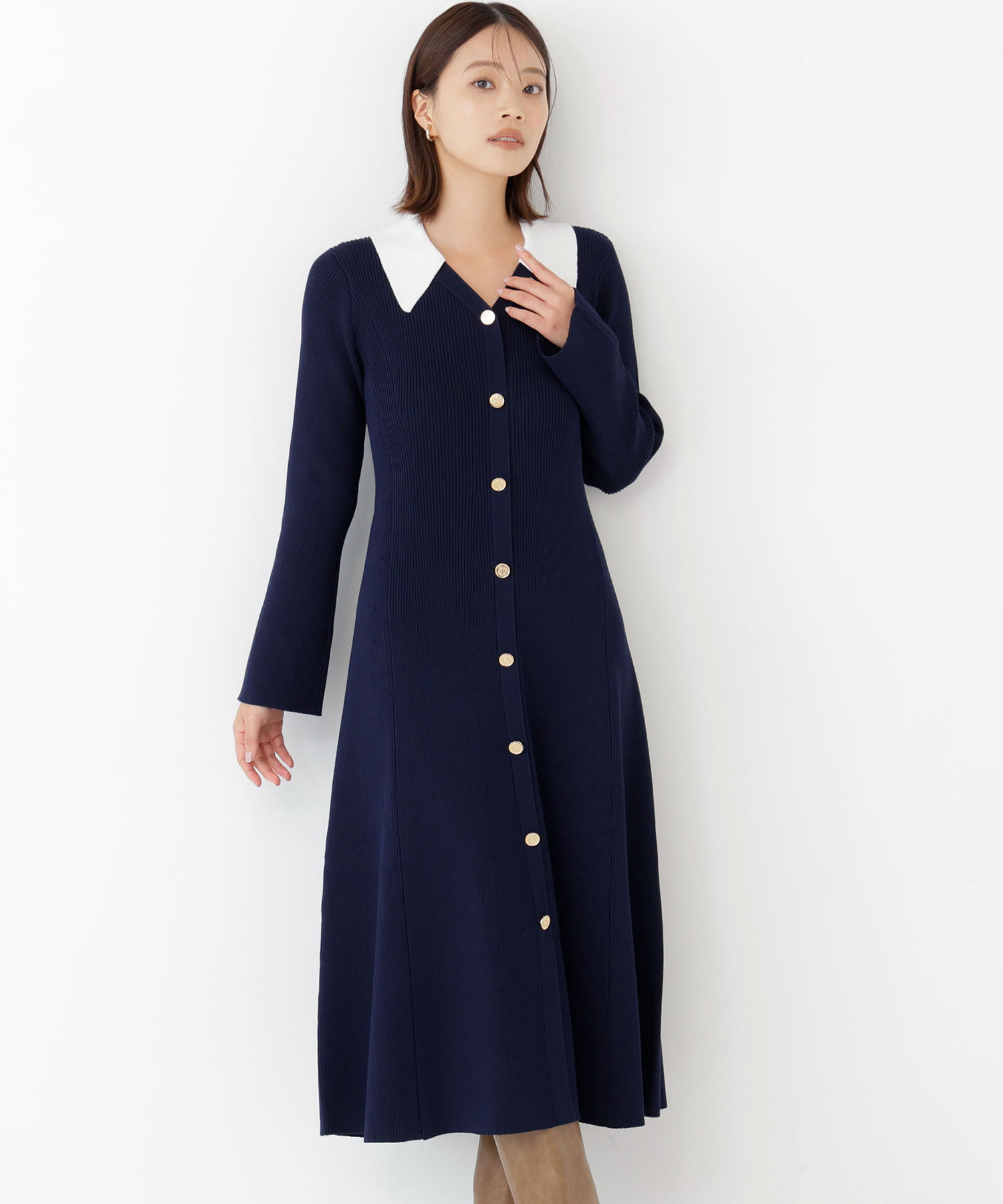  「スキッパーニットワンピース」|ワンピース|ネイビー2