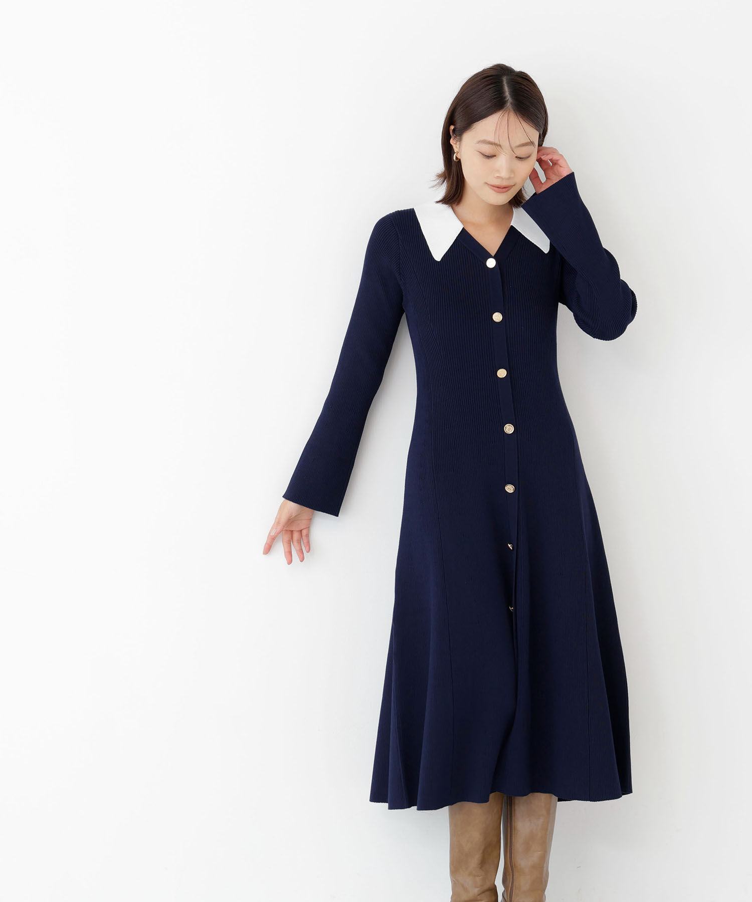  「スキッパーニットワンピース」|ワンピース|