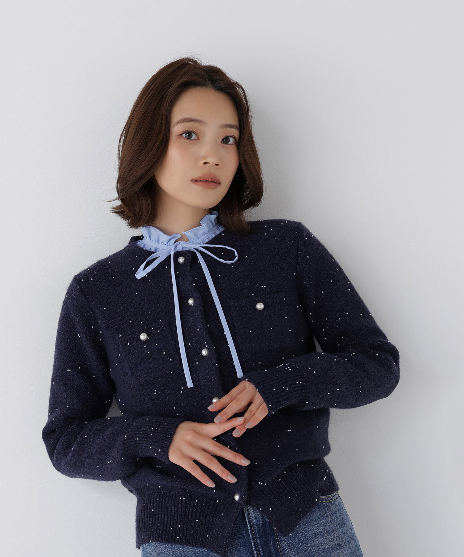  「ビーズミックスシリーズ ニットカーディガン　26AW」|ニット・セーター|ネイビー