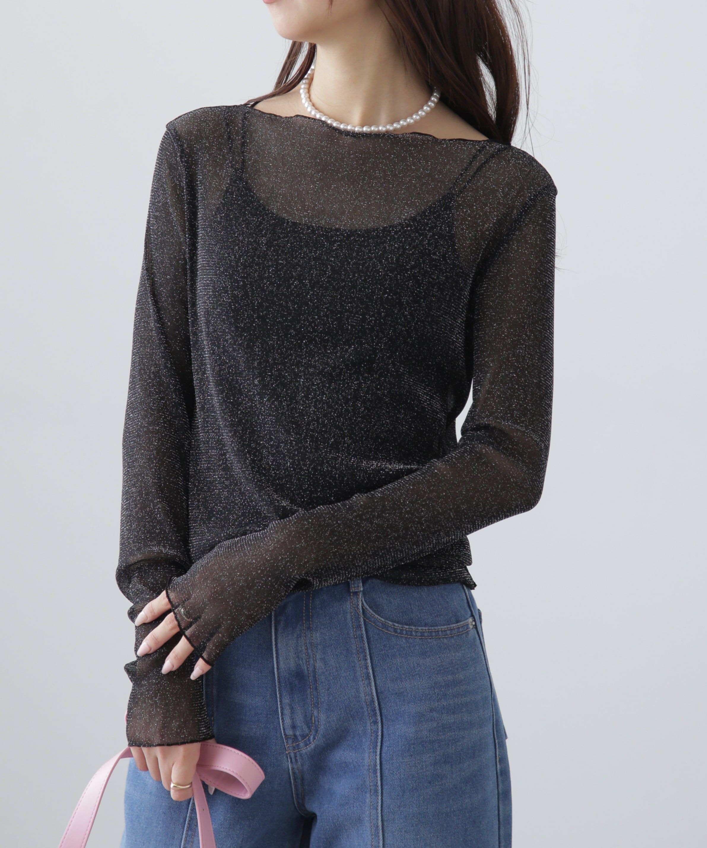  「ラメシアーボートネックカットソー」|Tシャツ・カットソー|ブラック
