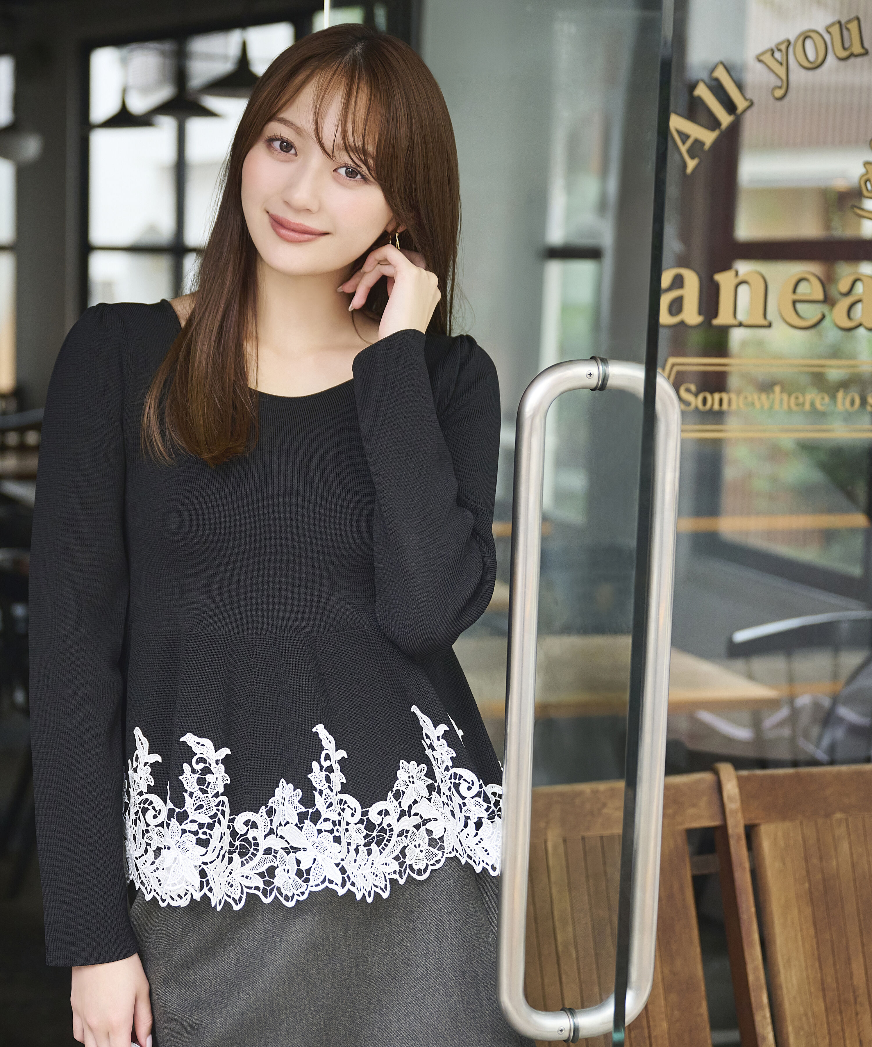 PROPORTION BODY DRESSING「<加藤栞さん着用><一部追加生産予約>ﾚｰｽﾄﾘﾑﾍﾟﾌﾟﾗﾑﾆｯﾄ 26AW」|ニット・セーター|ブラック