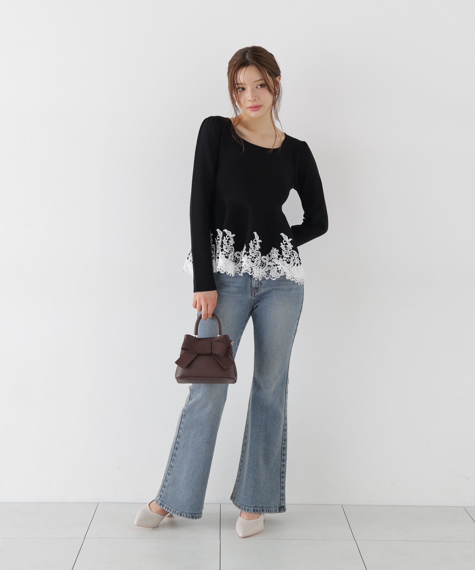 PROPORTION BODY DRESSING「<加藤栞さん着用><一部追加生産予約>ﾚｰｽﾄﾘﾑﾍﾟﾌﾟﾗﾑﾆｯﾄ 26AW」|ニット・セーター|