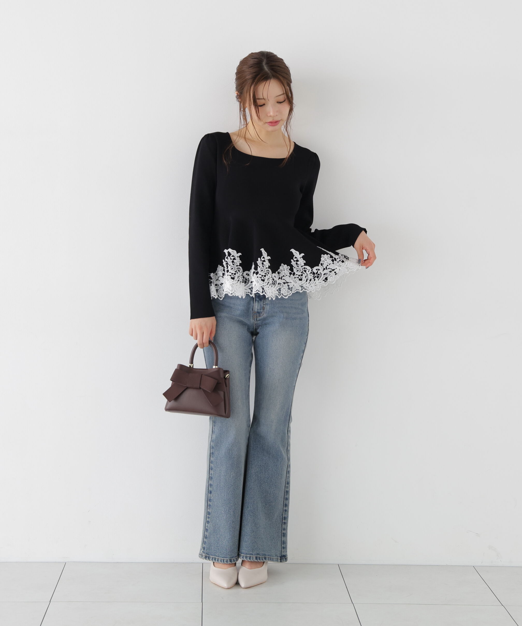 PROPORTION BODY DRESSING「<加藤栞さん着用><一部追加生産予約>ﾚｰｽﾄﾘﾑﾍﾟﾌﾟﾗﾑﾆｯﾄ 26AW」|ニット・セーター|