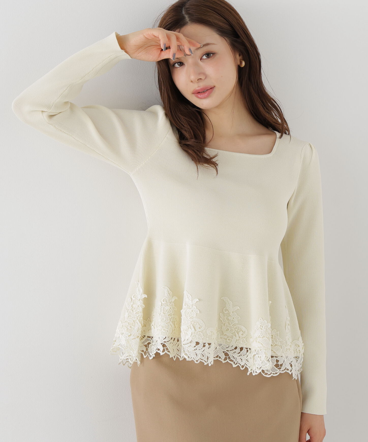 PROPORTION BODY DRESSING「<加藤栞さん着用><一部追加生産予約>ﾚｰｽﾄﾘﾑﾍﾟﾌﾟﾗﾑﾆｯﾄ 26AW」|ニット・セーター|