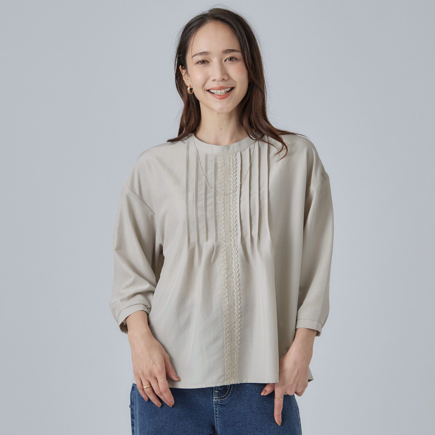 SHOO･LA･RUE「【S-LL/洗濯機可】1枚で華やかに フロントレース7分袖ブラウス」|シャツ・ブラウス|