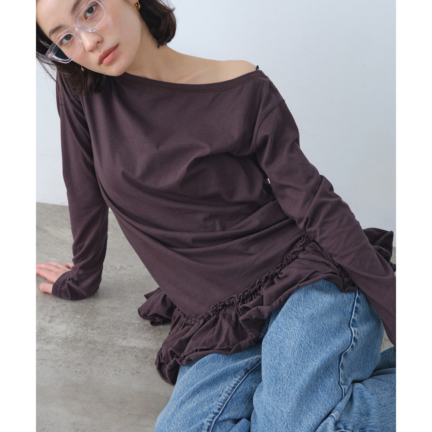 CODE A「easy ruffled tee」|Tシャツ・カットソー|ブラウン(044)