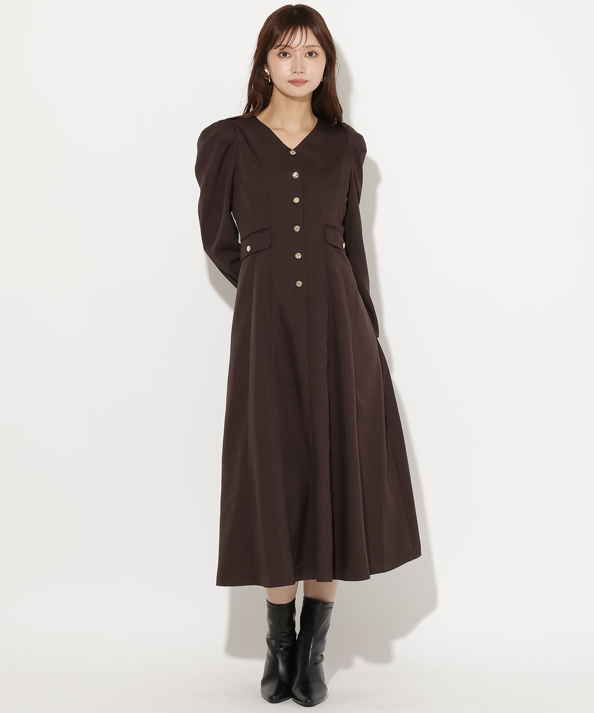 アンドクチュール「Vネックパフスリーブワンピース」|ワンピース|
