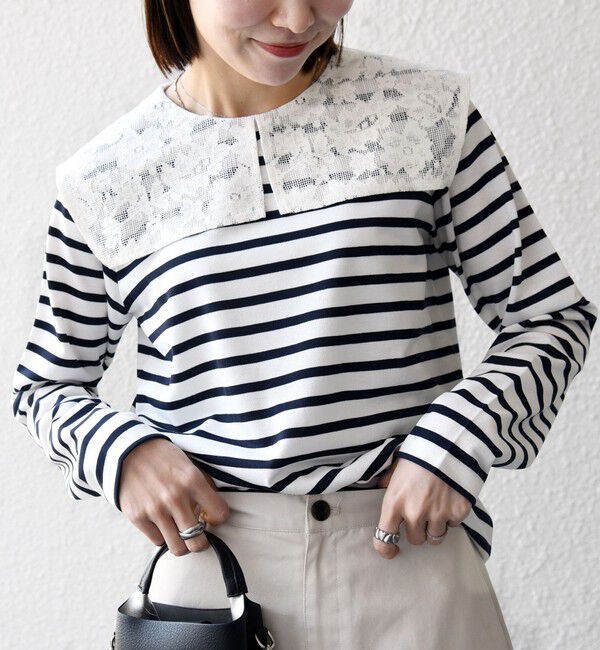 SHIPS any「SHIPS any:〈洗濯機可能〉マリンボーダー レース 襟 プルオーバー」|Tシャツ・カットソー|ネイビー