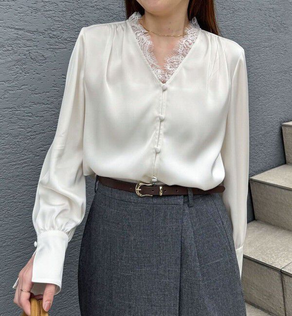 NOLLEY'S sophi「ウォッシャブルレーストリミングVネックブラウス」|シャツ・ブラウス|