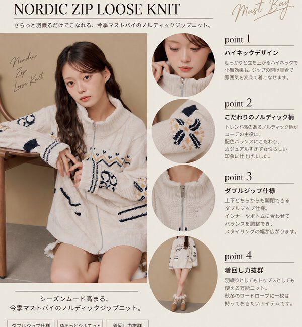  「【セットアップ対応】ノルディックジップルーズニット」|ニット・セーター|