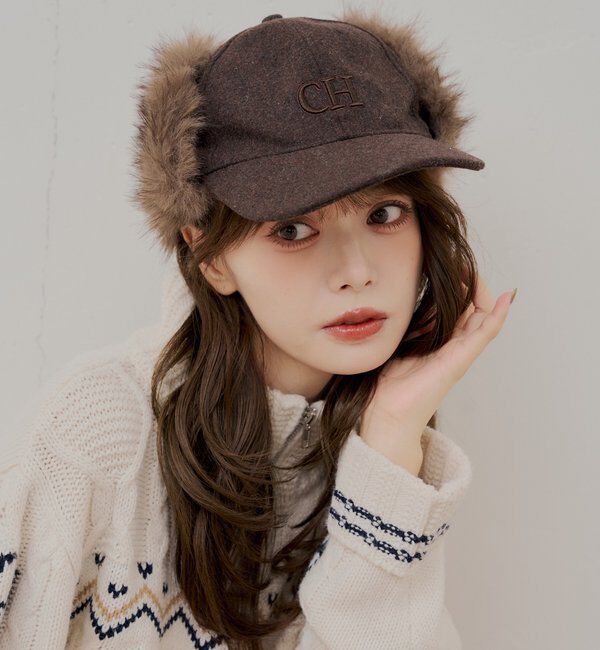  「ファー付きロゴ刺繍フライトキャップ」|ハット|ブラウン