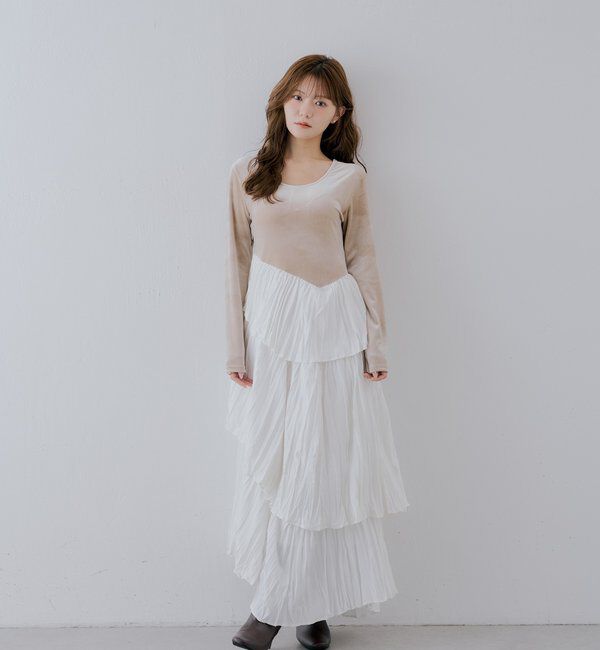  「【SALON by Chico】ベロアドッキングラッフルアシメプリーツワンピース」|ワンピース|